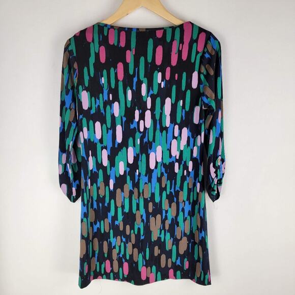 Tibi Abstract Printed Mini Dress Roll Tab Sleeves Crew Neck Black Size S - Picture 6 of 6